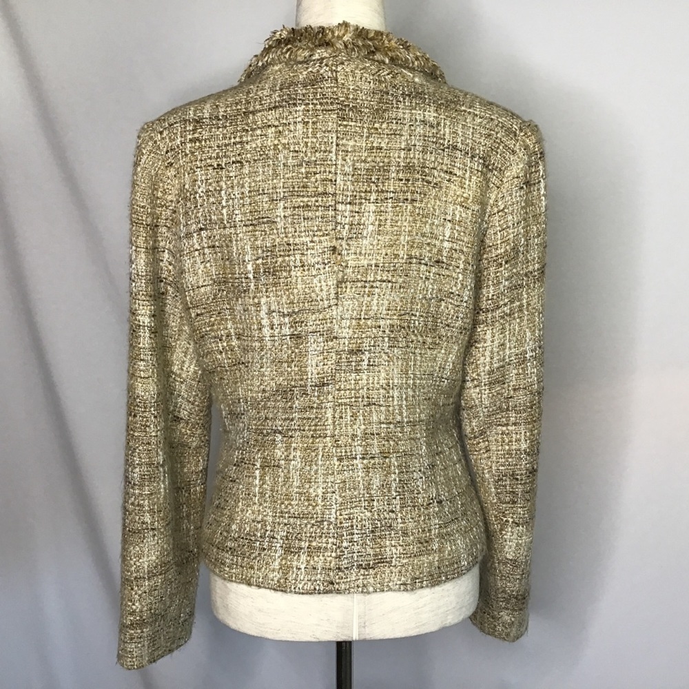 LIA Lee Blazer Size Medium Jacket Soft Tweed Fringe Button Down Tan Brown - Picture 6 of 12